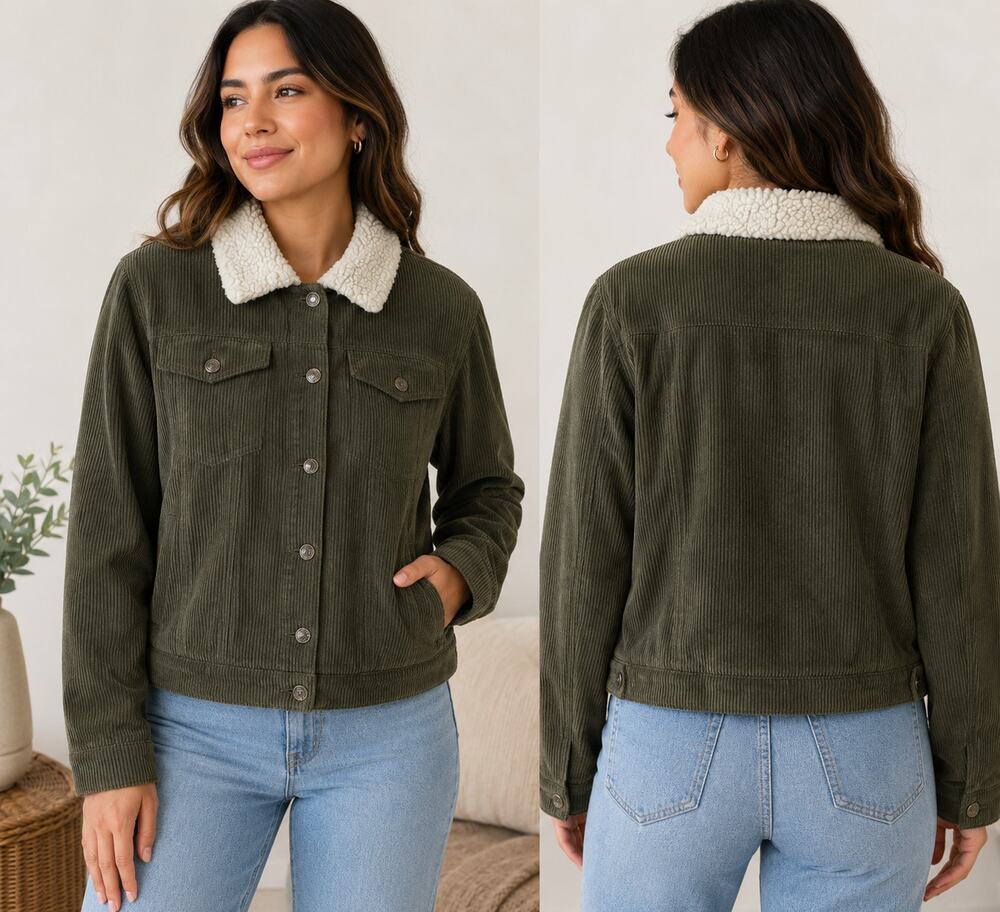 Miss Posh Olive Corduroy Sherpa Lined Jacket Women’s Size L Trucker